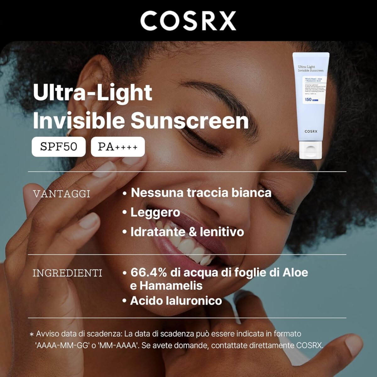Vantaggi e Ingredienti - COSRX Ultra-Light Invisible Sun screen - SPF50 PA++++ COSRX - Ultra-Light Invisible Sun screen | SPF50 PA++++, 50ml - immagine 7